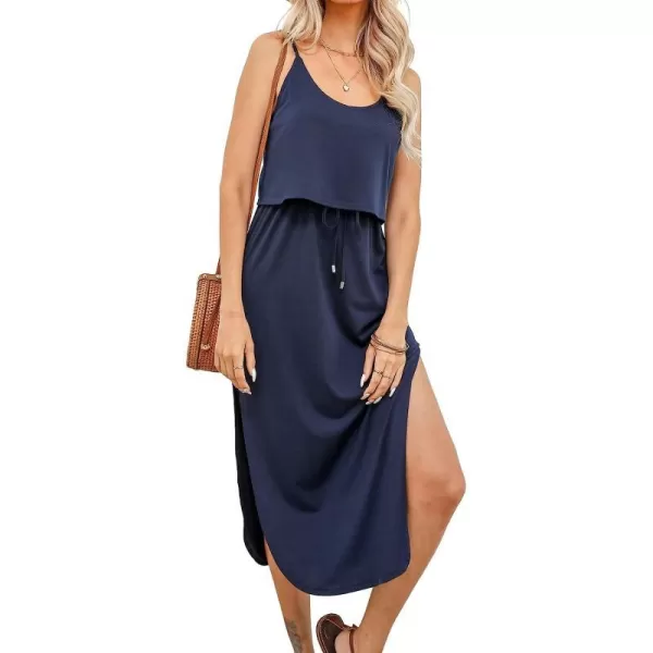 imageCUPSHE Womens Drawstring Cami Midi Dress Spaghetti Straps Scoop Neck High Slit A Line DressNavy