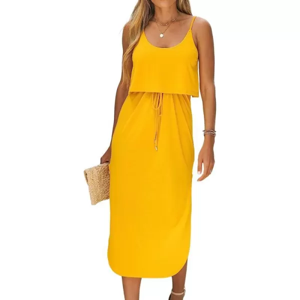 imageCUPSHE Womens Drawstring Cami Midi Dress Spaghetti Straps Scoop Neck High Slit A Line DressYellow