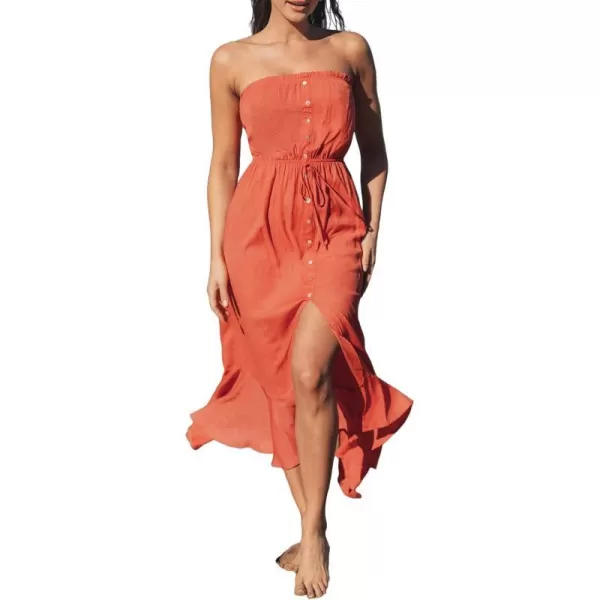 imageCUPSHE Womens Drawstring Ruffled Maxi Tube Dress Mixi Sleeveless Summer DressCoral