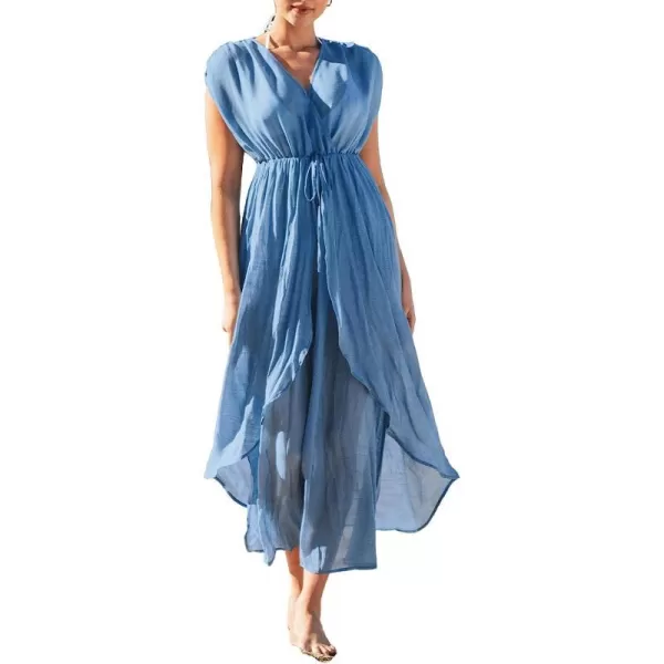 imageCUPSHE Womens Dreamy Drawstring Ruffled CoverUp Maxi Dress Surplice Neck BeachwearBlue