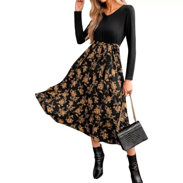 imageCUPSHE Womens Dress Belted Floral Print Maxi Dresses Long Sleeve Dressing CasualBlack