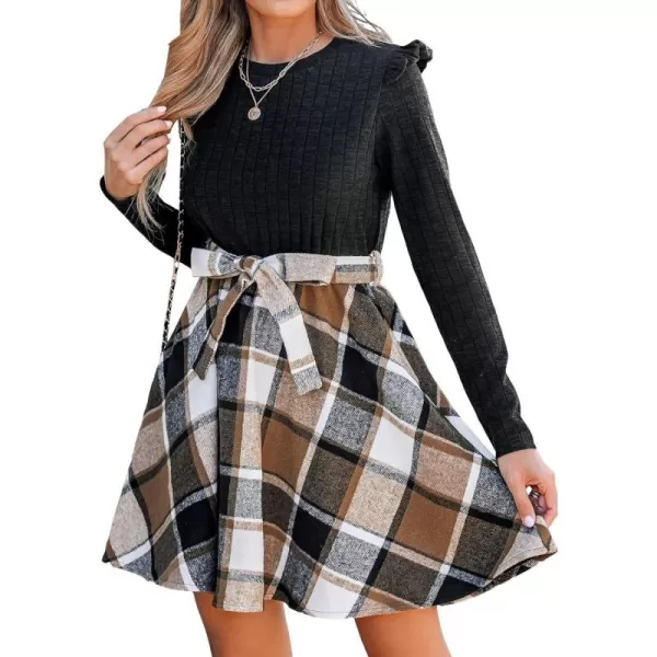 imageCUPSHE Womens Dress Elegant Round Neck Long Sleeves Ruffle Belted Mini DressesBrown