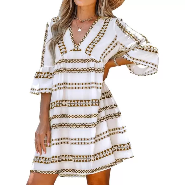 imageCUPSHE Womens Dress Geo Print VNeck Long Sleeve Mini Dresses Short Sleeves CasualWhite