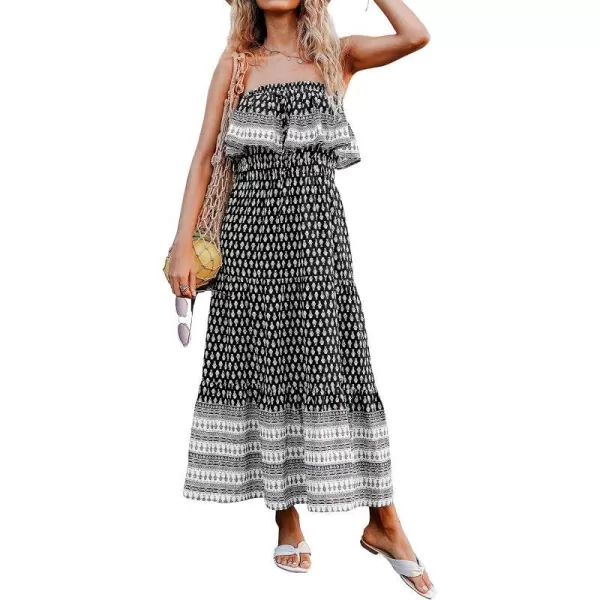 imageCUPSHE Womens Dress Ruffle Strapless Smocking Ethnic Print Midi Length DressBlack