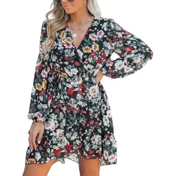 imageCUPSHE Womens Dress Sexy V Neck Wrap Long Sleeves Elastic ALined Mini Short DressesGreen Floral