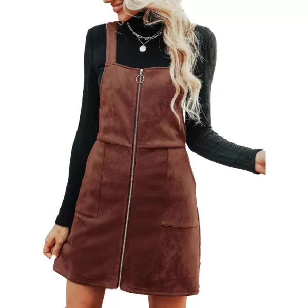 imageCUPSHE Womens Dress Square Neck PullRing Zipper Front Straps Autumn Warm Casual Faux Suede Mini DressesBrown