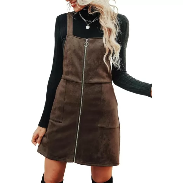 imageCUPSHE Womens Dress Square Neck PullRing Zipper Front Straps Autumn Warm Casual Faux Suede Mini DressesCoffee