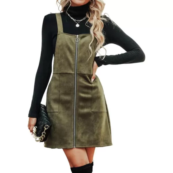 imageCUPSHE Womens Dress Square Neck PullRing Zipper Front Straps Autumn Warm Casual Faux Suede Mini DressesDark Green