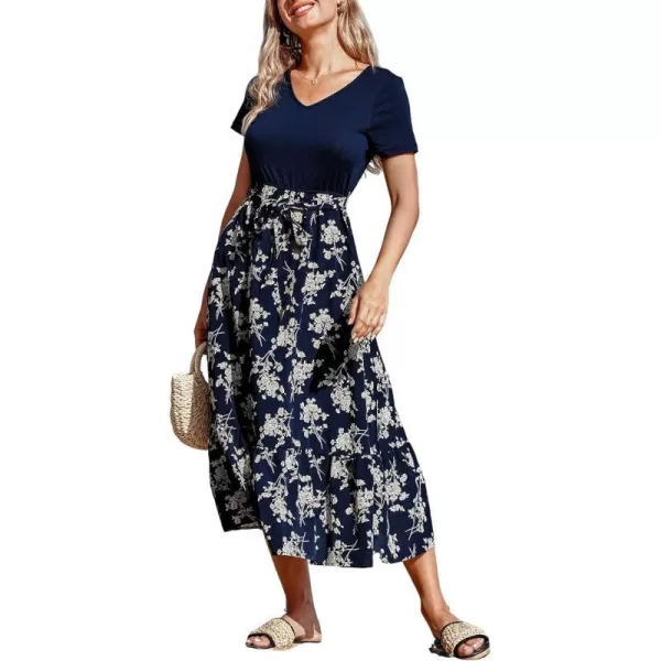 imageCUPSHE Womens Dress V Neckline Short Sleeves Floral Waist Tie Flowy Midi DressesNavy Blue