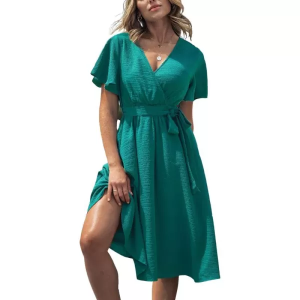 imageCUPSHE Womens Dresses for Summer V Neck Solid Belt Short Sleeve Knee Length Beach DressTeal