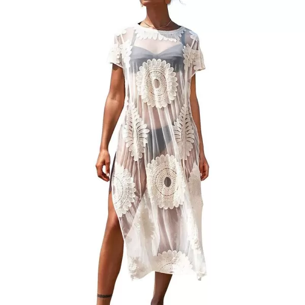 imageCUPSHE Womens Embroidery Mesh Ankle Length Cover up BeigeCUPSHE Womens Embroidery Mesh Ankle Length Cover up Beige