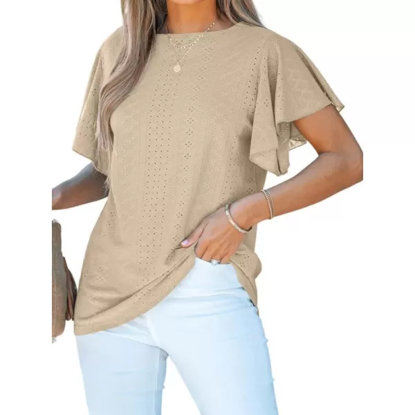 imageCUPSHE Womens Eyelet Tops Ruffle Short Sleeve Round Neck Blouses TShirts Casual Summer TunicsKhaki