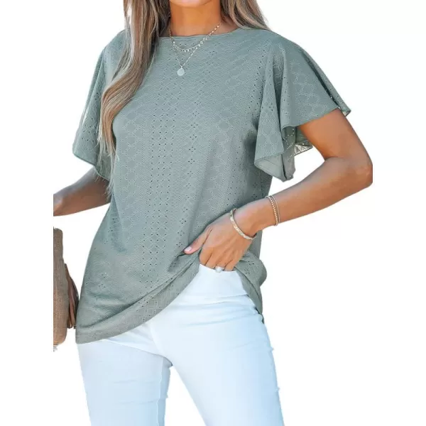 imageCUPSHE Womens Eyelet Tops Ruffle Short Sleeve Round Neck Blouses TShirts Casual Summer TunicsTeal