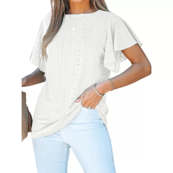 imageCUPSHE Womens Eyelet Tops Ruffle Short Sleeve Round Neck Blouses TShirts Casual Summer TunicsWhite