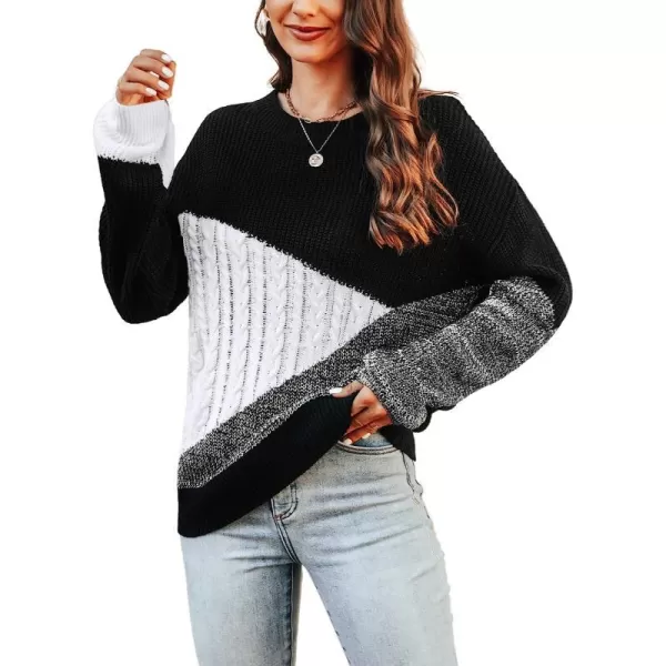 imageCUPSHE Womens Fall Round Neck Sweater Color Block Knit Winter Pullover with Ribbed TrimBlack