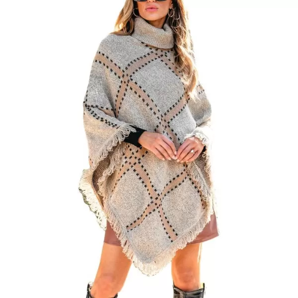imageCUPSHE Womens Fall Winter Turtleneck Poncho Cape Sweater Plaid Fashion Chunky Knit Sweaters Pullover Jumper TopsKhaki