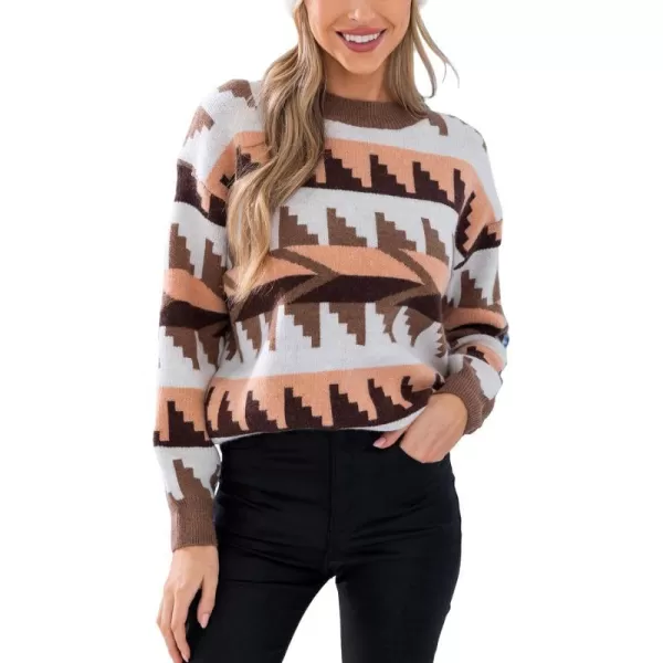 imageCUPSHE Womens Fashion Boat Neck Long Sleeve Ethnic Ribbed Knit Loose Pullover Sweater TopsBrown