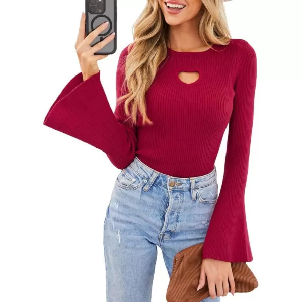 imageCUPSHE Womens Fashion Fall Clothes Heart Cutout Tops Long Bell Sleeve Crewneck Rib Knit Winter Pullover SweaterBurgundy