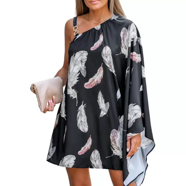 imageCUPSHE Womens Feather Print OneShoulder Mini Dress with Single Dolman SleeveBlack Floral