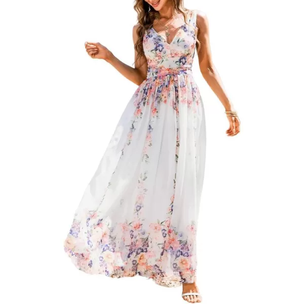 imageCUPSHE Womens Floral Maxi Dress V Neck Summer Dress Banded Waist Flowy Swing Dress for Party CocktailWhite