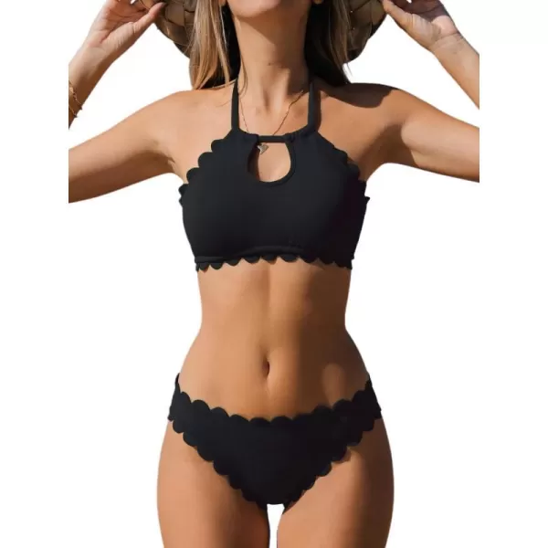 imageCUPSHE Womens Floral Mid Rise Halter Cutout Bikini Swimsuit SetsBlack