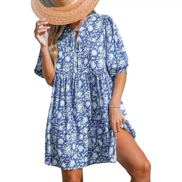 imageCUPSHE Womens Floral Mini Beach Dress V Neck Puff Half Sleeve A Line Casual Summer DressesBlue