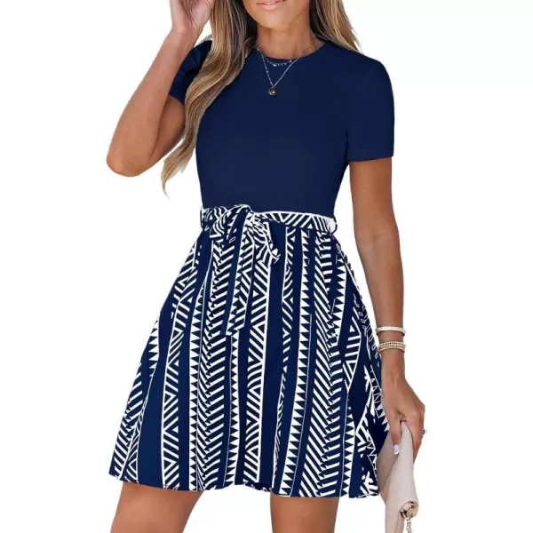 imageCUPSHE Womens Floral Paisley Mini Dress Crew Neck Short Sleeve Belted Tie A Line Stripe Midi Summer DressesNavy Blue Striped