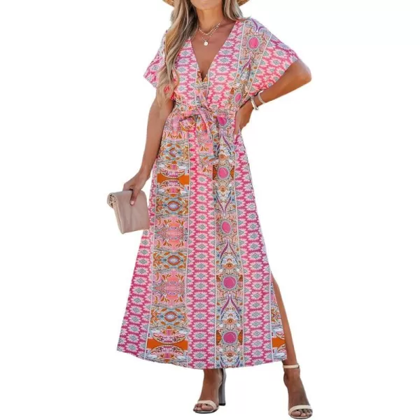 imageCUPSHE Womens Floral Paisley Print Belted Maxi Dress Short Sleeves Scoop VNeckline Long Lenght Dresses Casual SummerRed