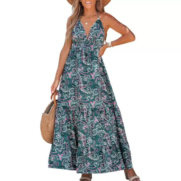 imageCUPSHE Womens Floral Paisley Print Halter Dress Mixi Dress Sleeveless Summer DressGreen Floral