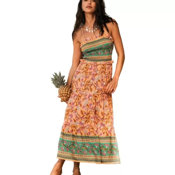 imageCUPSHE Womens Floral Paisley Smocked Maxi Dress Sleeveless Summer Dress with Adjustable cami StrapsOrange Floral