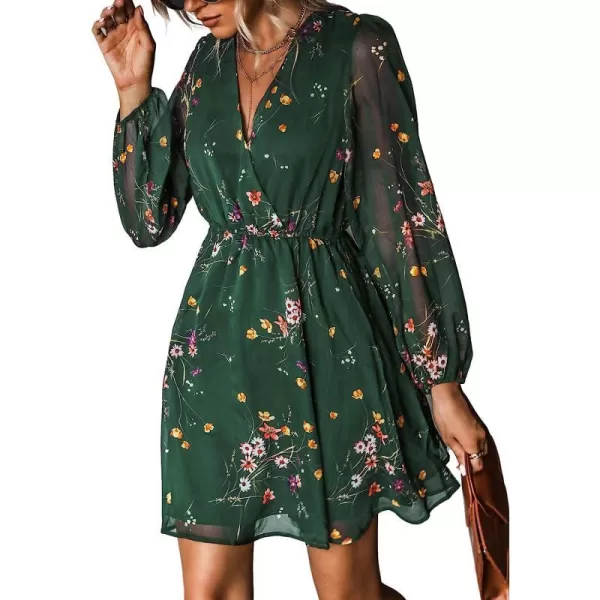 imageCUPSHE Womens Floral Print Chiffon ALine Mini Dress Long Peasant SleevesGreen