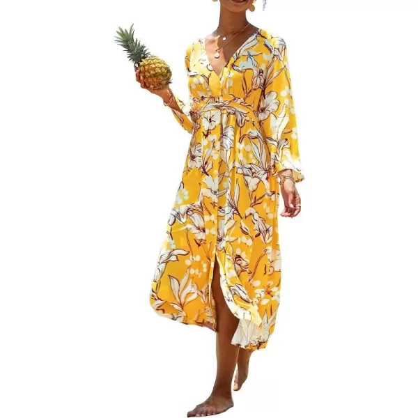 imageCUPSHE Womens Floral Print Long Sleeve VNeck Ankle Length DressMulticoloured