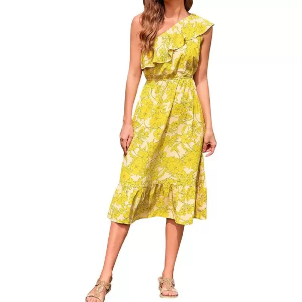 imageCUPSHE Womens Floral Print One Shoulder Ruffle Ankle Length DressYellow