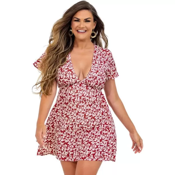 imageCUPSHE Womens Floral Print Plunging Mini Dress Aline Dress with Short SleevesRed Floral