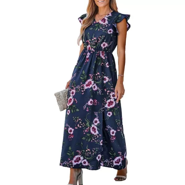 imageCUPSHE Womens Floral Print Ruffled Sleeve Maxi Dress VNecked Summer DressNavy Floral