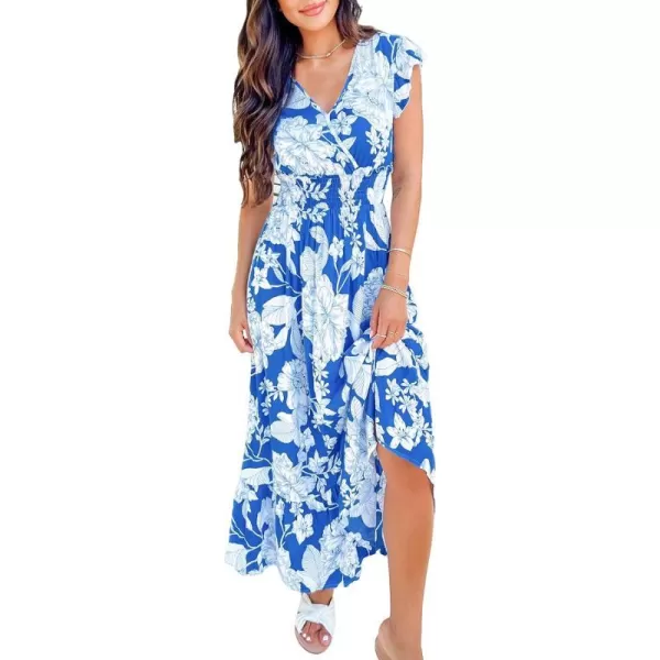 imageCUPSHE Womens Floral Print Ruffled Smocked Maxi Dress VNeck Smocked Dress SleevelessBlue Floral