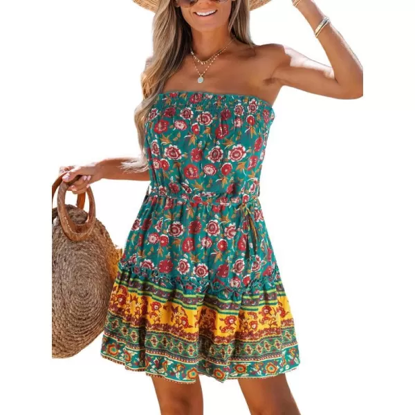 imageCUPSHE Womens Floral Print Smocked Tube Dress Sleeveless Short Lenght Dresses Casual SummerGreen