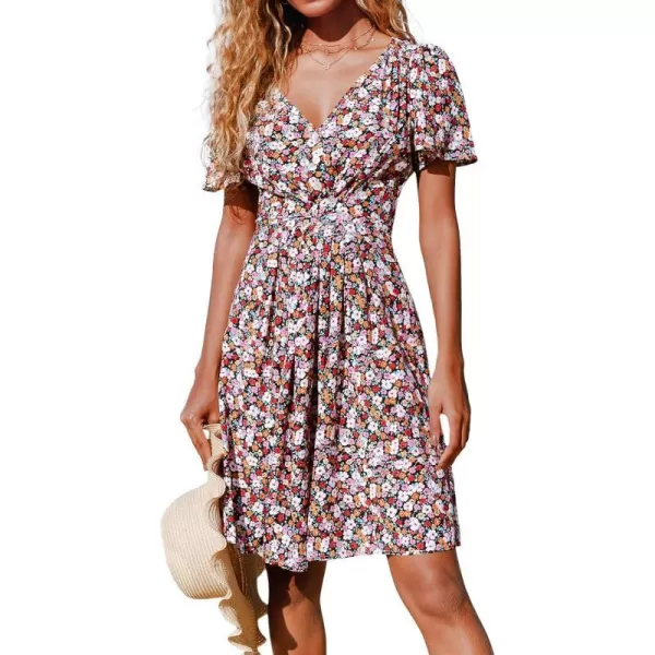 imageCUPSHE Womens Floral Print V Neck Flared Short Sleeves Button Knee Length DressMulticoloured