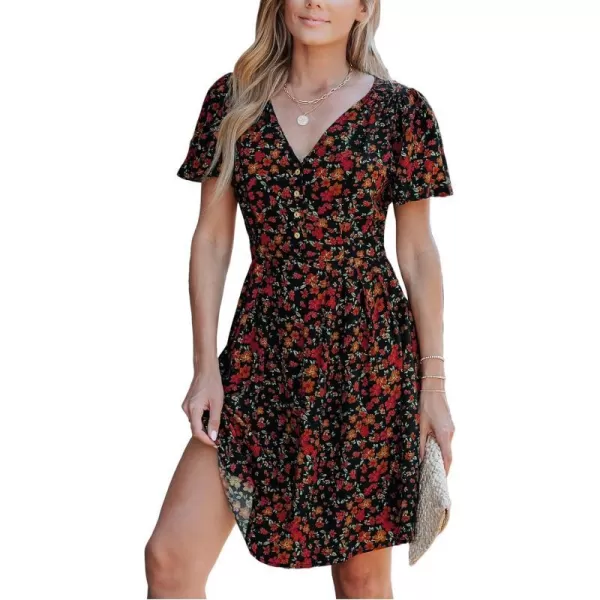 imageCUPSHE Womens Floral Print V Neck Flared Short Sleeves Button Knee Length DressOrange Floral