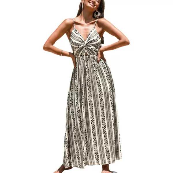 imageCUPSHE Womens Floral Print V Neck Sleeveless Long Dress Adjustable Cami Maxi DressBlack Striped