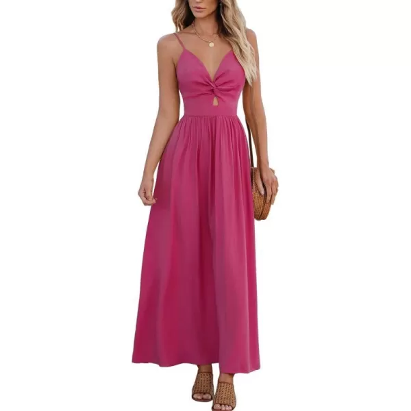 imageCUPSHE Womens Floral Print V Neck Sleeveless Long Dress Adjustable Cami Maxi DressHot Pink