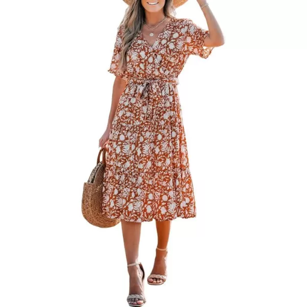 imageCUPSHE Womens Floral Short Sleeve Dress V Neck Tie Waist Surplice Maxi Summer DressesRed Floral