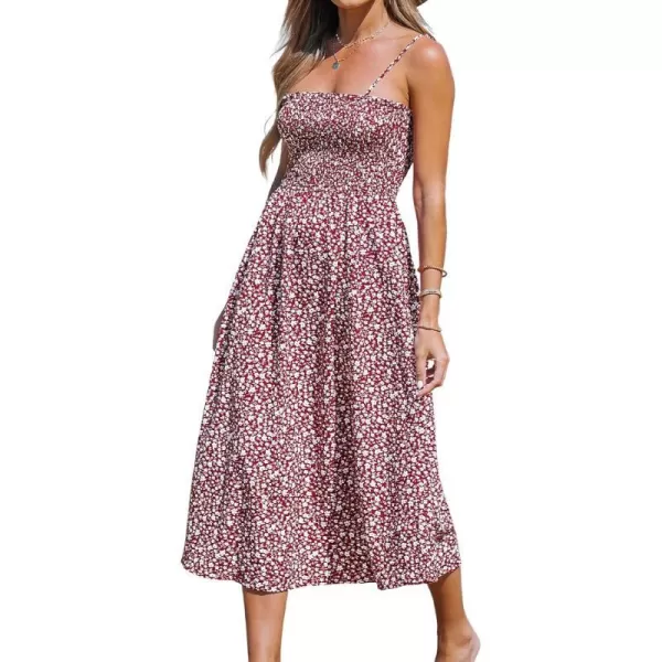 imageCUPSHE Womens Floral Smocked Midi Dress Sleeveless Ruffled Dress with Cami StrapsRed