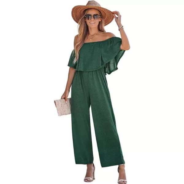 imageCUPSHE Womens Flounce Off the Shoulder Romper Short Sleeve Ruffle Jumpsuit Romper Wide Leg OutfitGreen