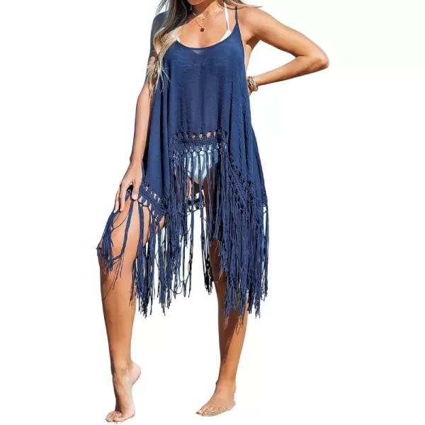imageCUPSHE Womens Gulf Breeze Sleeveless Tassel Hem Swimsuit Cover UpNavy Blue