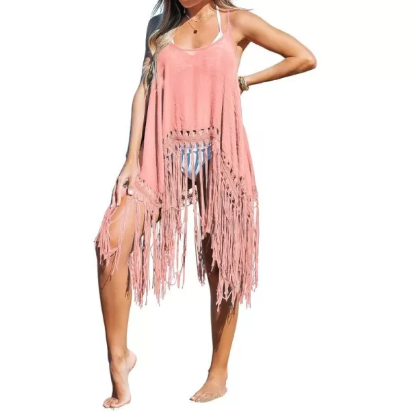 imageCUPSHE Womens Gulf Breeze Sleeveless Tassel Hem Swimsuit Cover UpPink