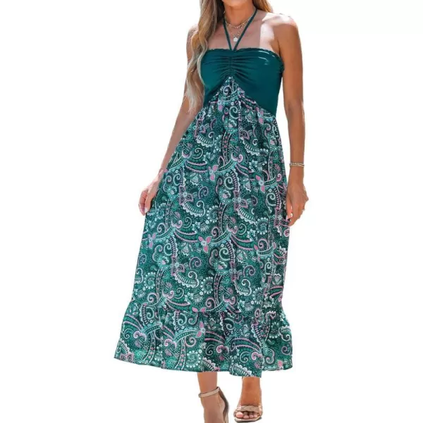 imageCUPSHE Womens Halter Paisley Print Pleated Sleeveless Maxi Dress Casual A Line Long DressDark Teal