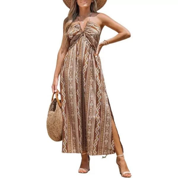 imageCUPSHE Womens Halter Paisley Print Sleeveless Dress Ruffled Side Slit Formal Dress Woven Maxi DressBrown