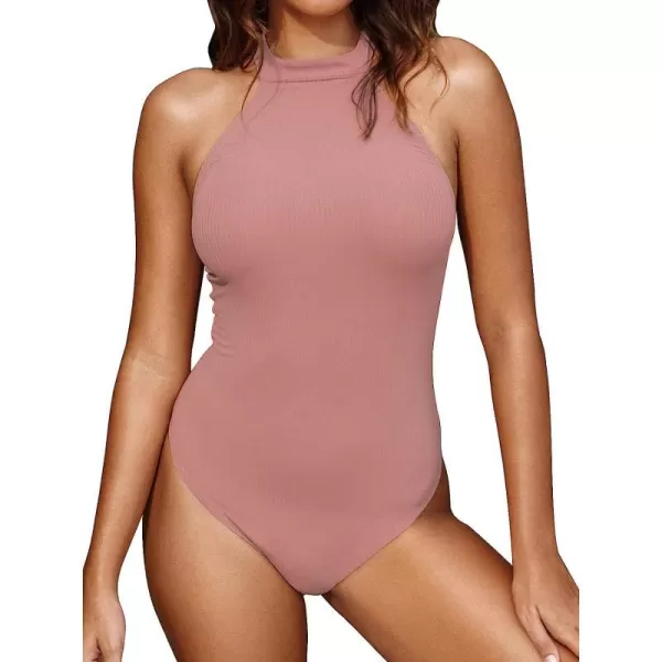 imageCUPSHE Womens Halter Ribbed Backless Cheeky Mid Cut BodysuitPink