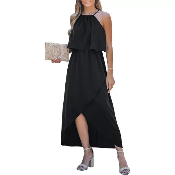 imageCUPSHE Womens Halter Ruffled Sleeveless Midi Dress Casual Long Slit DressBlack